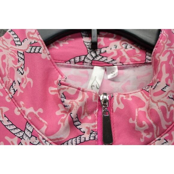 Lulu B Quarter Zip Top Small Coral Print Pink Stretch Preppy Golf - Picture 3 of 4